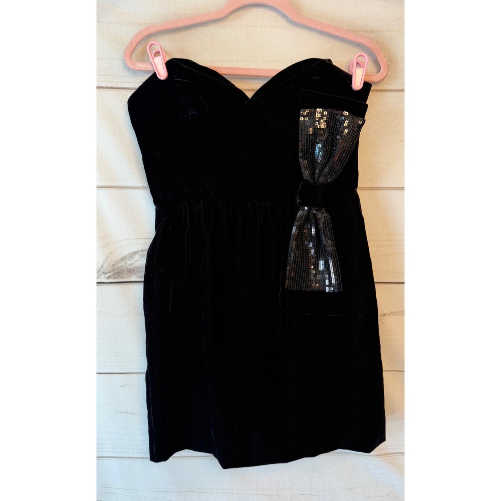 Jill Stuart Black Velvet Strapless Mini Dress Sequin Bow Cocktail Size 8